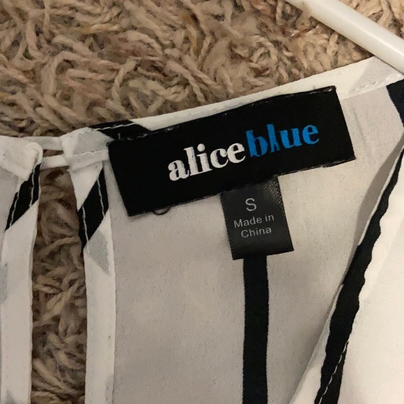 Alice blue white & black striped blouse w/ key hole tie on front sz S EUC - Picture 2 of 3